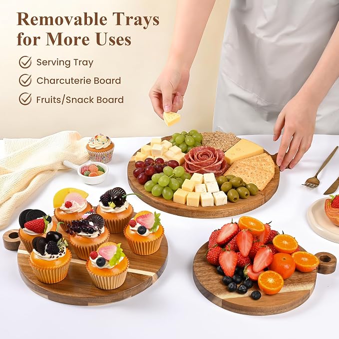 LOVYANXUE Acacia Wooden Cupcake Stand, 3 Tier Round Cake Stand 360° Rotatable Cupcake Tower with Tiered Serving Tray, Wood Dessert Table Display Set, Tiered Tray Stand for Party, Wedding (12/10/8 IN)