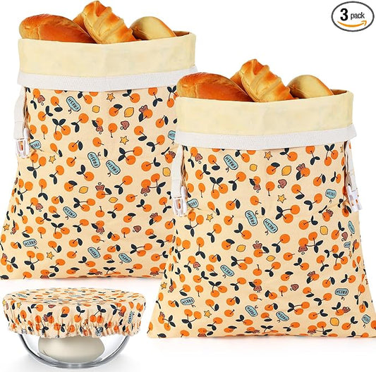 Reusable Beeswax Bread Bags for Homemade Bread Sourdough (2 Pcs 13x17in Bags + 10in Bowl Cover) Floral Cotton 100% Natural Beeswax Coating, Plastic-free Food Storage Wrap(Yellow Cherry)
