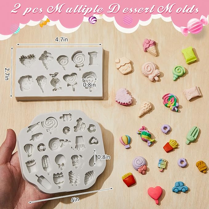 2 Pcs Sweets Polymer Clay Molds for Jewelry Making Candy Shape Ice Cream Lollipop Donut Chips Miniature Polymer Clay Molds Earrings Decoration