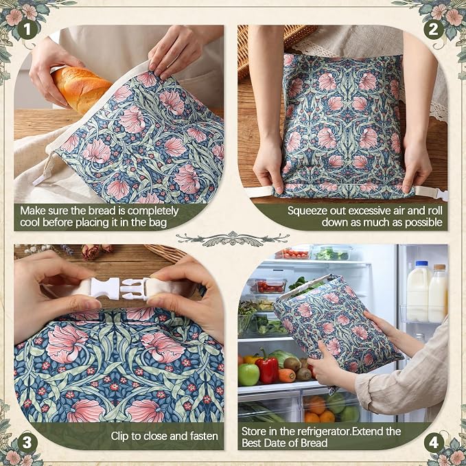 Reusable Beeswax Bread Bags for Homemade Bread Sourdough (2 Pcs 13x17in Bags + 10in Bowl Cover) Floral Cotton 100% Natural Beeswax Coating, Plastic-free Food Storage Wrap(Blue Flower)