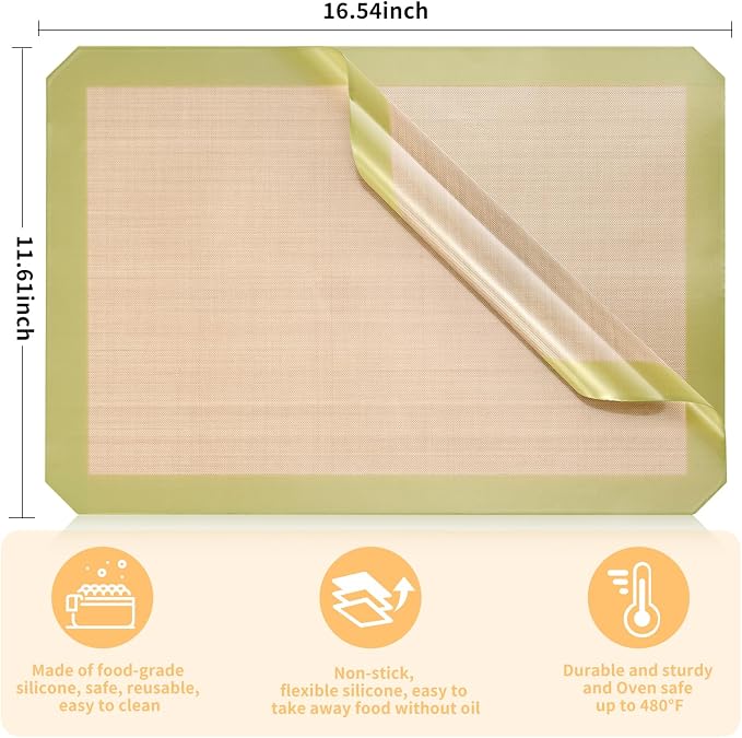 Luckyiren 2-Pack Silicone Baking Mats – Non-Stick Reusable BPA-Free Oven Liners, 100% Food-Grade Silicone, Fit Half Sheet Pans (16.54" x 11.62") for Cookies, Pastry & More, Coffee with Sage Green Edge