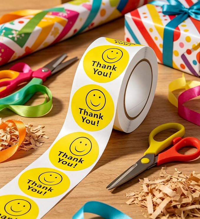 BLESS-VAST 500 PCS Thank You Stickers for Small Business - 1 Inch Smiley Face Thank You Stickers Labels for Baking Packaging Envelope Seals Wedding Birthday Party Gift Wrap Bag (Yellow Smile)