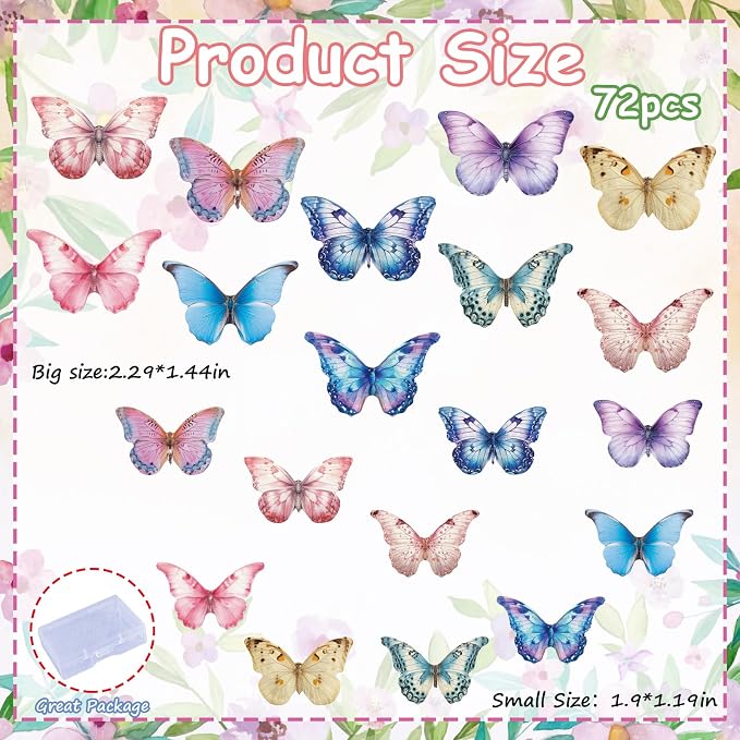 72PCS Edible Butterfly Cupcake Toppers Wafer Paper 3D Butterflies Cake Picks Mixed Color Cake Decorations for Spring Theme Baby Shower Wedding Kids Birthday Party Cake Decor Supplies