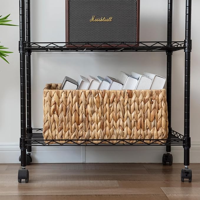 JS HANGER Large Woven Rattan Storage Basket with Handle for Organizing Blanket and Pillows for Living Room, Nursery, Water Hyacinth Wicker Basket 16.53’’ x 12.8’’ x 7.5’’