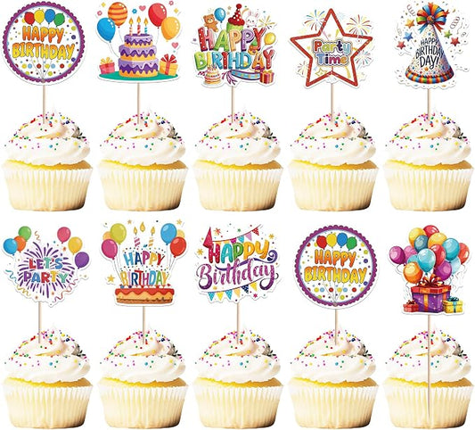 36 PCS Happy Birthday Cupcake Toppers Colorful Balloon Star Cheers Let's Party Time Firework Cupcake Pciks Happy Birthday Cake Decorations for Celebrating Anniversary Party Cake Decorations Supplies