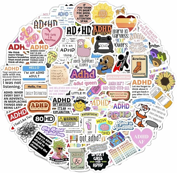 100Pcs Funny ADHD Stickers for Water Bottles, Laptops - ADHD Gifts for Adults - Neurodivergent, Neurodiversity Stickers Bulk - Mental Health Awareness Therapy Gifts for Women & Men