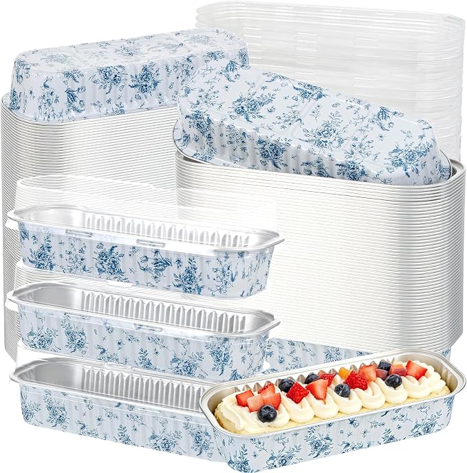 100Pcs Mini Loaf Pan with Lids Rectangle Aluminum Foil Baking Cups | Sturdy Box Body Structure, Innovative design, Blue Floral Pattern, Portable Lid, Excellent for Viewing, Clean Material