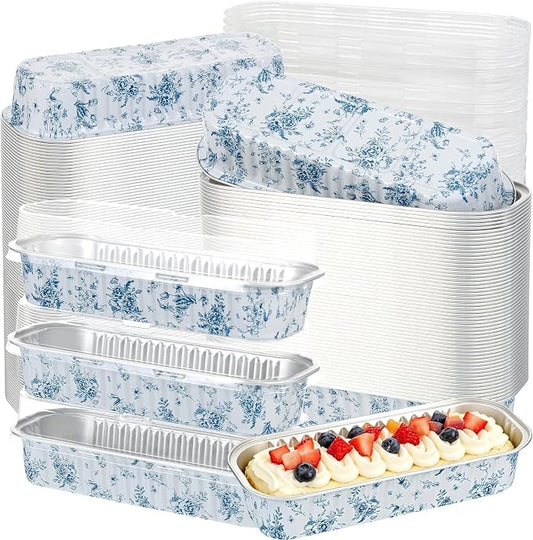 100Pcs Mini Loaf Pan with Lids Rectangle Aluminum Foil Baking Cups | Sturdy Box Body Structure, Innovative design, Blue Floral Pattern, Portable Lid, Excellent for Viewing, Clean Material