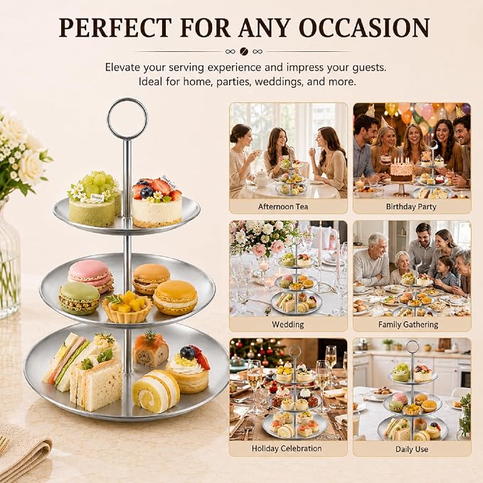 ABuff 3 Tiered Silver Cupcake Stand 2 Pack Stainless Steel Silver Tiered Dessert Stand Cupcake Display Tower 3 Tier Serving Tray Cake Stand for Baby Shower Birthday Party Wedding