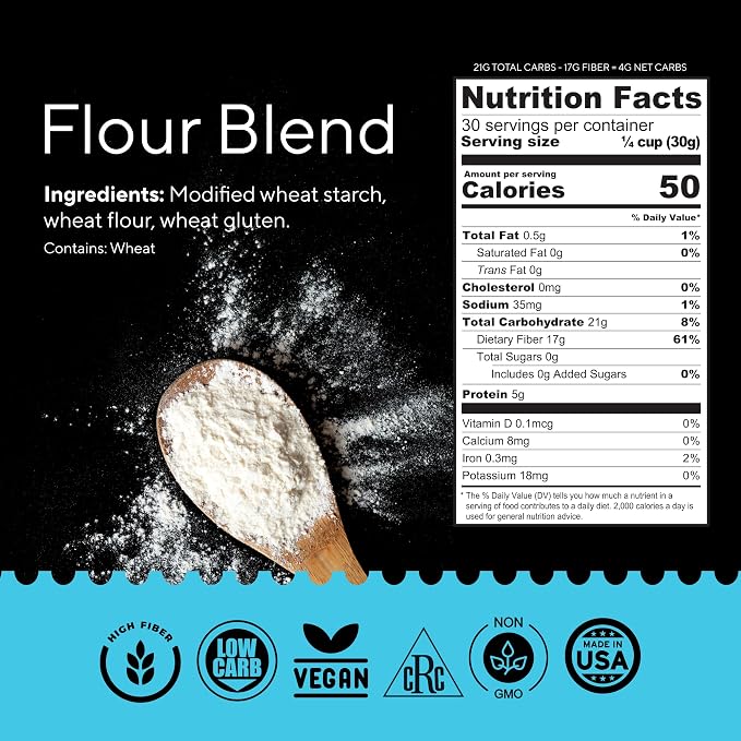 Fiber Gourmet Low Net Carb Flour Blend - Keto Friendly All-Purpose Baking Flour with 55% Fewer Calories, 81% Fewer Net Carbs, 17g Fiber, Non-GMO Vegan - 32 Ounce (pack of 1)