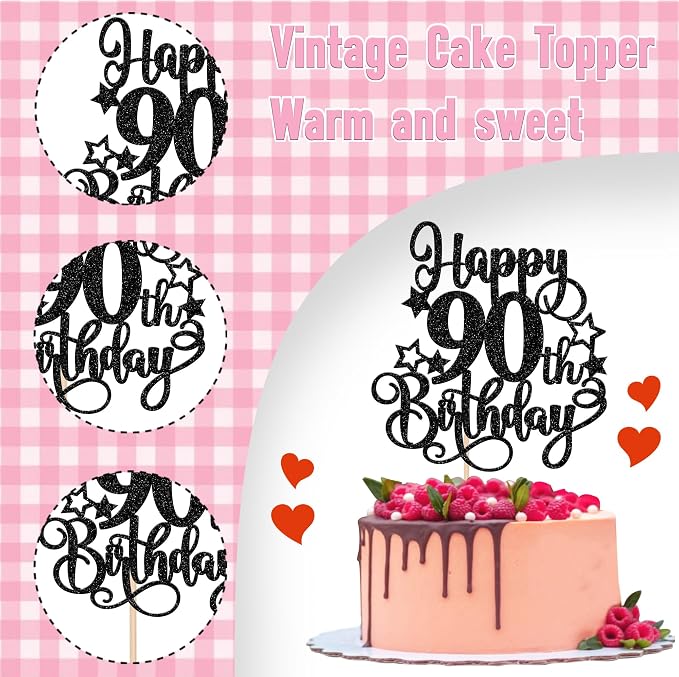 1 PCS Happy 90th Birthday Cake Topper Glitter Cheers to 90 Years Birthday Cake Pick Hello 90 Fabulous Cake Decoration for Happy 90th Birthday Anniversary Party Decorations Supplies Black