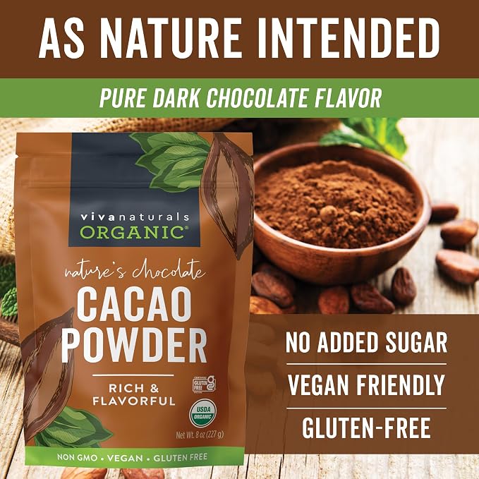 Organic Cacao Powder, Unsweetened, 8 oz (227 g) – Rich Dark Chocolate Flavor, Perfect for Baking, Smoothies & Hot Chocolate – Vegan, Keto, Paleo, Non-GMO & Gluten-Free Cocoa Powder