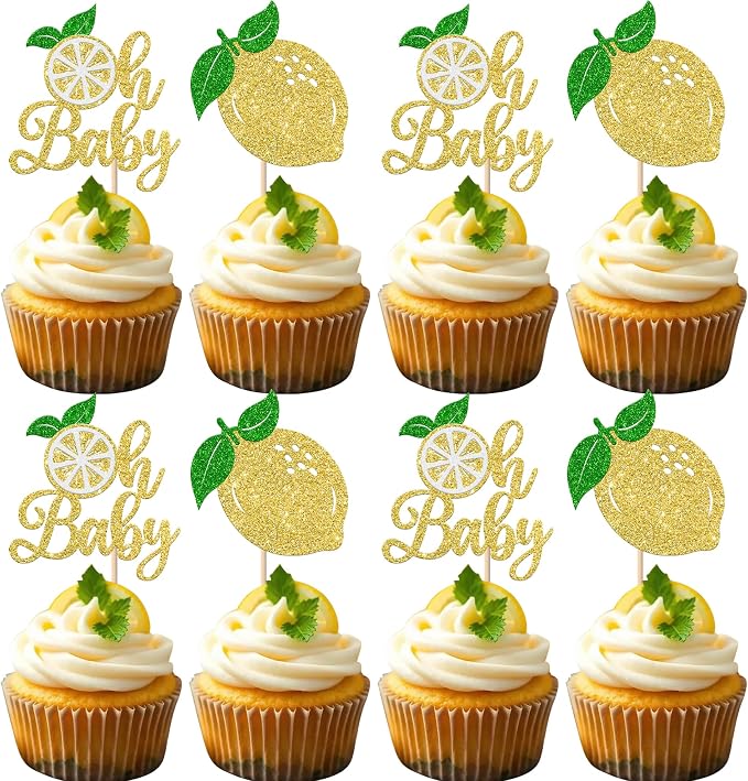 Rsstarxi 24 Pack Lemon Oh Baby Cupcake Toppers Gold Glitter Fruit Theme Oh Baby Lemonade Cupcake Picks for Lemon Theme Baby Shower Kids Birthday Party Cake Decorations Supplies
