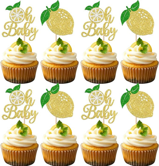 Rsstarxi 24 Pack Lemon Oh Baby Cupcake Toppers Gold Glitter Fruit Theme Oh Baby Lemonade Cupcake Picks for Lemon Theme Baby Shower Kids Birthday Party Cake Decorations Supplies
