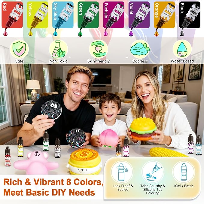 Silicone Pigment Set for Taba Squishy Maker & Silicone Mold, Washable Liquid Coloring Dye for Boys & Girls, Beginners & Family DIY, Basic 8 Colors Squishy Making Paint Kit, 10 ml Each.