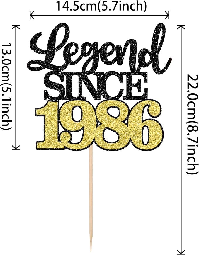 1 PCS Legend Since 1986 Cake Topper Black Gold Glitter Forty Happy 40th Birthday Cake Pick Cheers to 40 Years Cake Decoration for 40th Birthday Wedding Anniversary Party Decorations Supplies