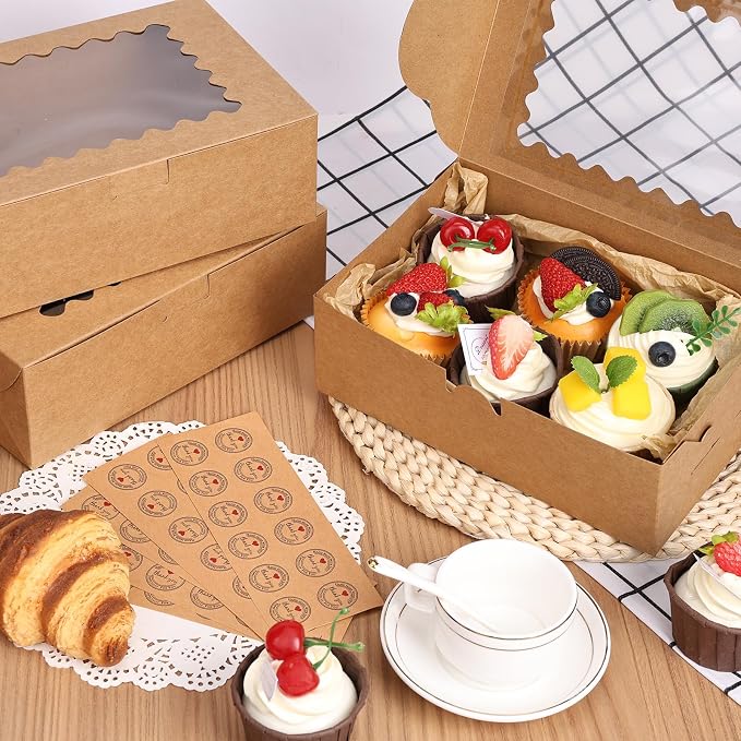 60pcs Cookie Boxes with Window for Gift Giving, 9x6x3 Inches Brown Bakery Boxes with Stickers, Holiday Packaging Gift Boxes for Cookie, Desserts, Chocolate Strawberries, Muffins, Donut, Cupcake