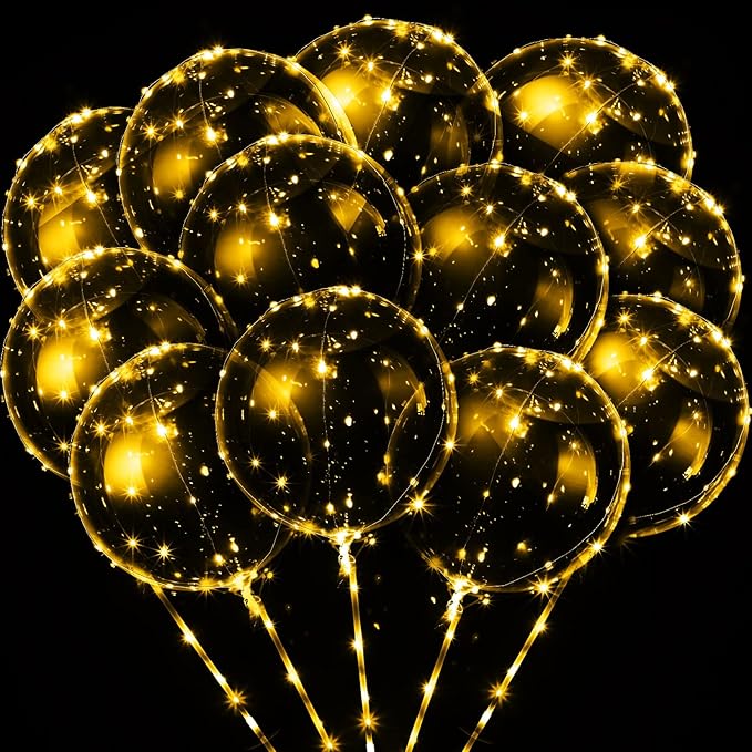 Vinsot 18 Pack LED Bobo Balloons Light Up Balloons Clear Helium Bubble Bobo Glow with String Lights for Parties Birthday Wedding Decoration (Warm Lights 20 Inch, 18)