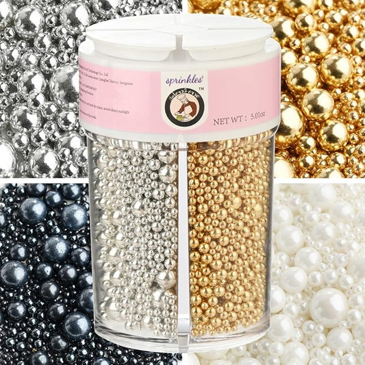 HeDeon&Rles Edible Preals Sprinkles for Baking Black White Gold Silver Pearls Mix Sprinkles for Cake Cupcake Pancake Ice Cream Decoration