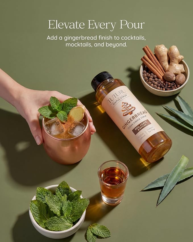 Gingerbread Simple Syrup for Coffee, Cocktails, Matcha - Sweetened with Agave Nectar - Infused with Real Gingerbread Spices - 13.5 oz