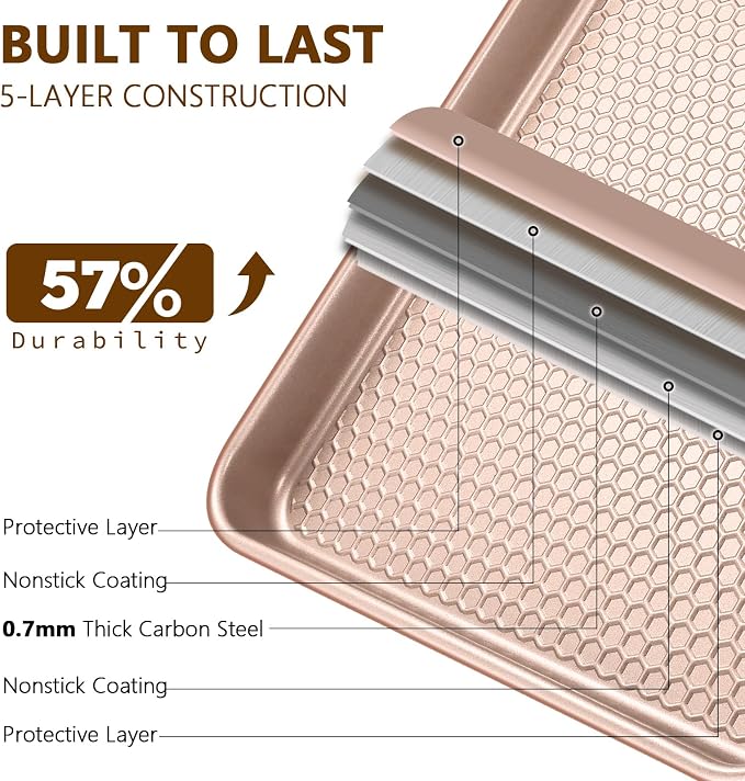 Wildone Baking Sheet Pan Set, Honeycomb Embossed Nonstick Baking Sheet 15x10 In, Thicker Carbon Steel Cookie Sheet, Even Heating Jelly Roll Pan, Rose Gold, 2 Pack