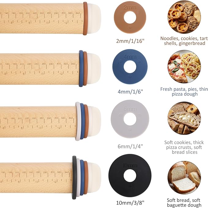 Oiforce Rolling Pin with Adjustable Thickness Rings, Wooden Rolling Pin for Baking, 13.6" Precise Dough Roller for Baking Fondant, Pizza, Pie, Pastry, Pasta, Cookies and More