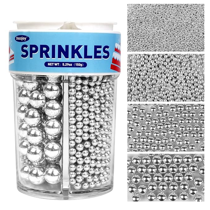 Dazzjoy Silver Pearl Sprinkles, Food Grade, Edible Pearls for Cake Decorating, 150g/5.29oz, Cake Decoration & Cupcake Topper, Wedding Party Valentines Supplies
