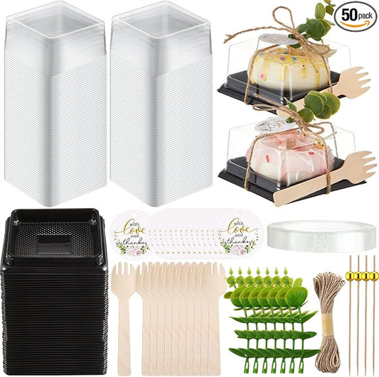 Honeydak Clear Cake Containers with Lids Wedding Cake Pans Cupcake Container Muffins Box Cocktail Picks Appetizer Thanks Tags Eucalyptus Leaves for Wedding Birthday Dessert Display (Black,50 Sets)