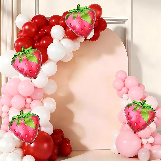 Strawberry Balloon Garland Arch Kit, 143pcs Red Pink and White Balloons with Strawberry Foil Balloons for Sweet Girl Berry First Baby Shower Birthday Party Decorations