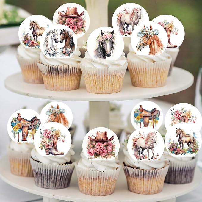 36PCS Edible Floral Horse Cupcake Toppers Wafer Paper Western Cowgirl Cupcake Toppers Edible Derby Horse Cupcake Picks for Western Derby Horse Theme Party Decoration Supplies
