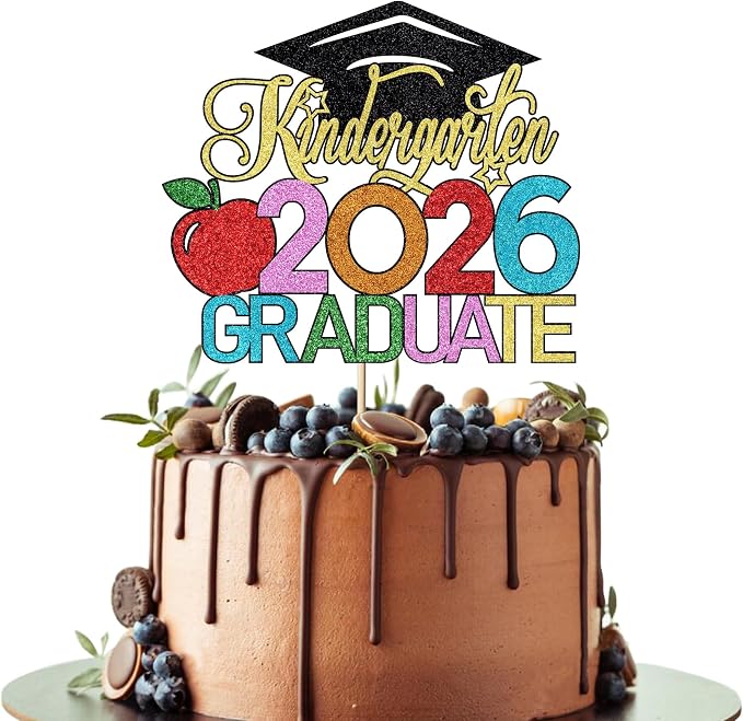 Kindergarten 2026 Graduate Cake Topper, Chirldren Graduation Cake Decorations, Preschool Kindergarten Graduations Party Decoration, Glitter Grad 2026 Happy Graduation (Black Gold 1)