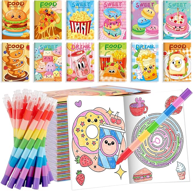 BenLouis 12 Fast Food Mini Coloring Books Kids with 12 Stacking Crayons Snacks Donut Pizza Party Favors Small Activity Books Bulk for Kids Delicious Fast Food Party Gift Goodie Bag Stuffers