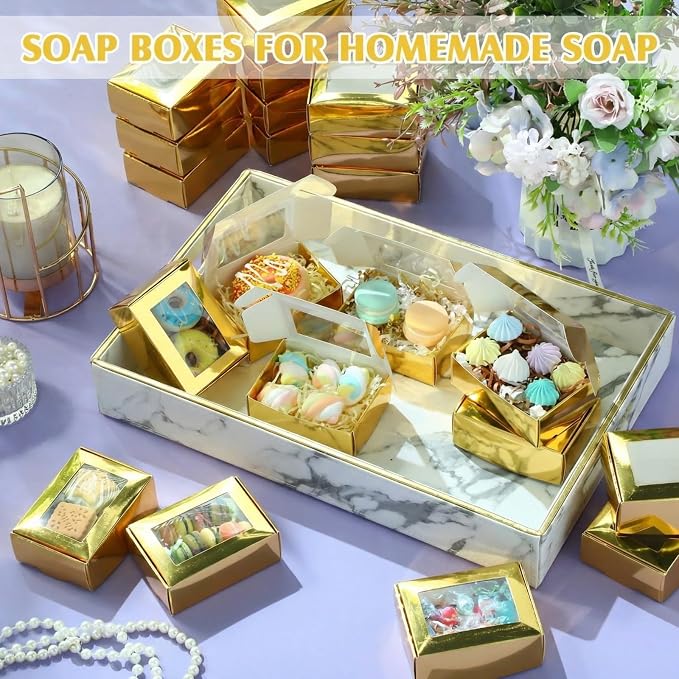 Zonon 30 Pcs Soap Boxes for Homemade Packaging, Mini Kraft Boxes with Window for Bakery Candy Soap Making Gift Packaging, 3.7x2.6x1.4 Inch (Gold)