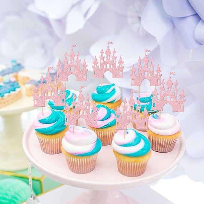 24 PCS Castle Cupcake Toppers Glitter Princess Cupcake Toppers Castle Theme Birthday Party Decoration Princess Birthday Cake Decoration for Baby Shower Princess Birthday Party Supplies Light Pink