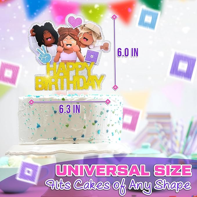 1 Pc Girl Gamer Cake Topper Happy Birthday - 8.27 x 6.3in Video Game Cake Topper Made from Cardboard with Bright Glitter - Pre-Assembled, Gamer Birthday Party Decorations for Dessert Table Setups