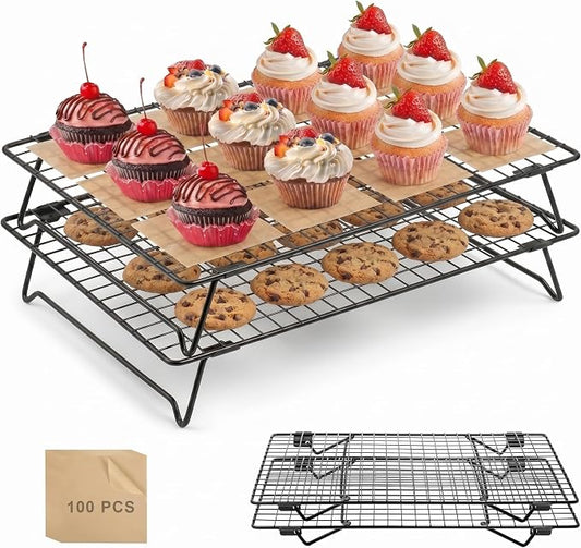 2 Pack Cooling Racks for Cooking and Baking, 13.4"x9.4" Nonstick Carbon Steel Wire Baking Rack, Foldable Cooling Racks for Cooking and Baking, 2-Tier Roasting and Drying Rack With 100 PCS Baking Paper | Foldable Legs,Stackable,Anti-slip,Smooth,Square g...
