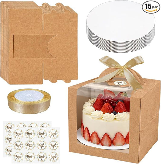 15PCS Brown 6x6x6 Inch Cake Boxes with Window Handle Boxes 6 Inch with Cake Boards for Gift Giving Elegant Paper with Ribbon Stickers for Weddings Birthdays Holidays Corporate Event Party Favors