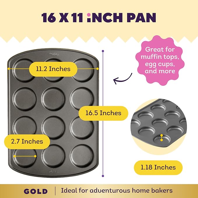 Wilton Gold Non-Stick Muffin Top Pan - Perfect for Muffin Tops, Egg Bites & Mini Layered Cakes - Made without PFAS & Scratch Resistant - 11 x 16 Inch