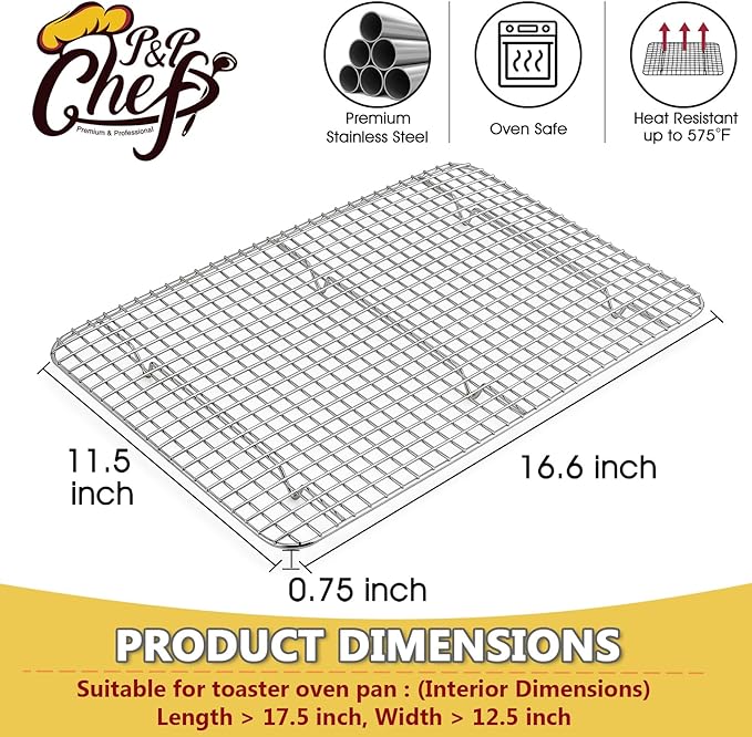 P&P CHEF 16.6 Inch Cooling Baking Rack Set of 2, Stainless Steel Grid Cooking Racks for Roasting Drying Grilling, Oven & Dishwasher Safe, Heavy Duty & Healthy