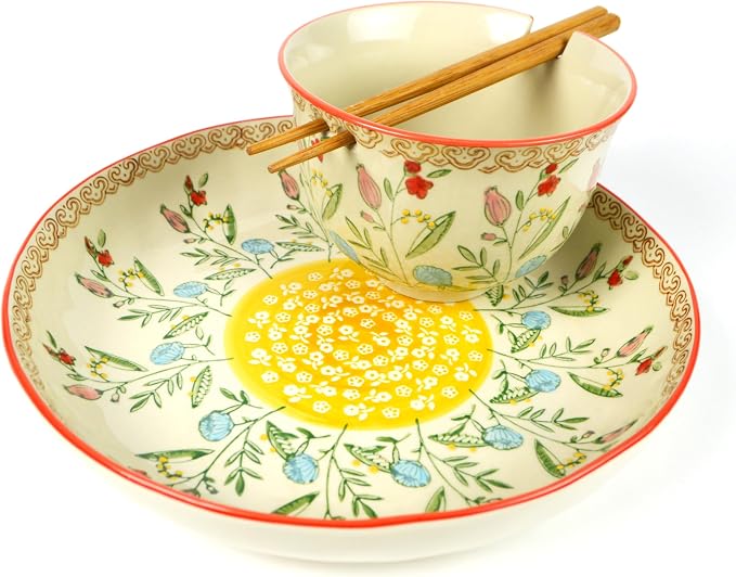 Ceramic Ramen Bowl Set | Ella Collection by Euro Ceramica | Salad Soup Ramen Bowl 2 Sizes Included with Chopsticks | Microwaveable Bowl for Ramen, Noodles, Pho, and Udon - Red Floral Design
