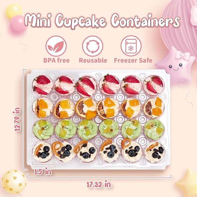 Hlukana (24 Pack x 15 Sets) Mini Cupcake Containers with 375 Pack Cupcakes Liners, Plastic Cupcake Holder, Stackable Mini Cupcake Boxes Carrier, Clear Disposable Cupcake Trays, High Dome - MINI SIZE