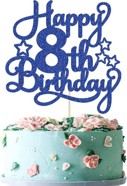 1 Pack Happy 8th Birthday Cake Topper Blue Glitter 8th Birthday Cheers to 8 Years Old Cake Pick for Celebrating Anniversary Party Cake Decorations Supplies