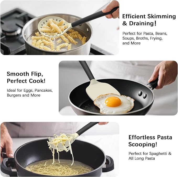 Coukre Silicone Kitchen Cooking Utensils Set with Holder – Heat-Resistant, Food-Grade Kitchen Tools, Spatula, Spoon & Gadgets for Non-Stick Pans, Dishwasher Safe (14, Beige)