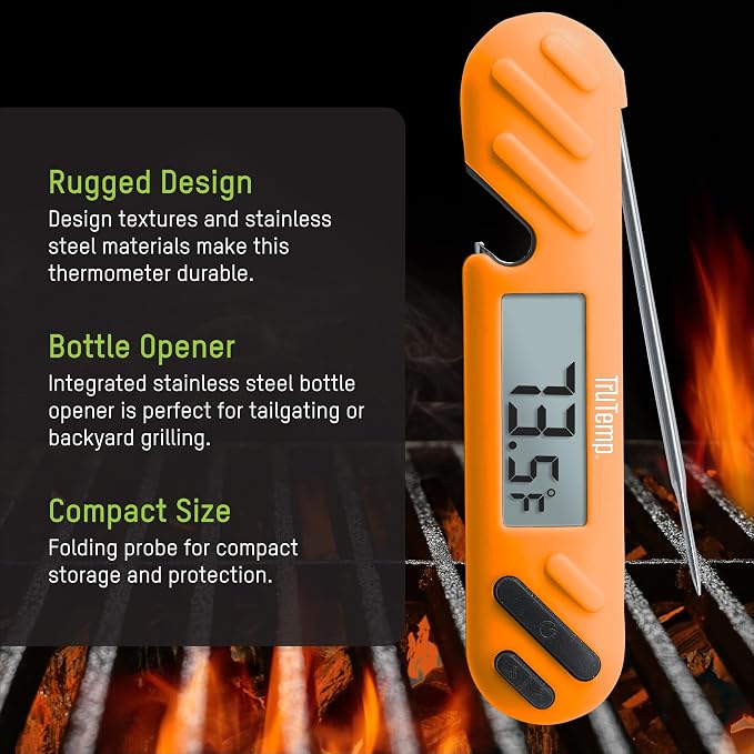 Taylor TruTemp Digital Instant Read Thermometer Meat Probe for BBQ Kitchen with Built in Bottle Opener, Reliable Folding Probe Easy Read LCD Grilling Cooking Tool, Orange