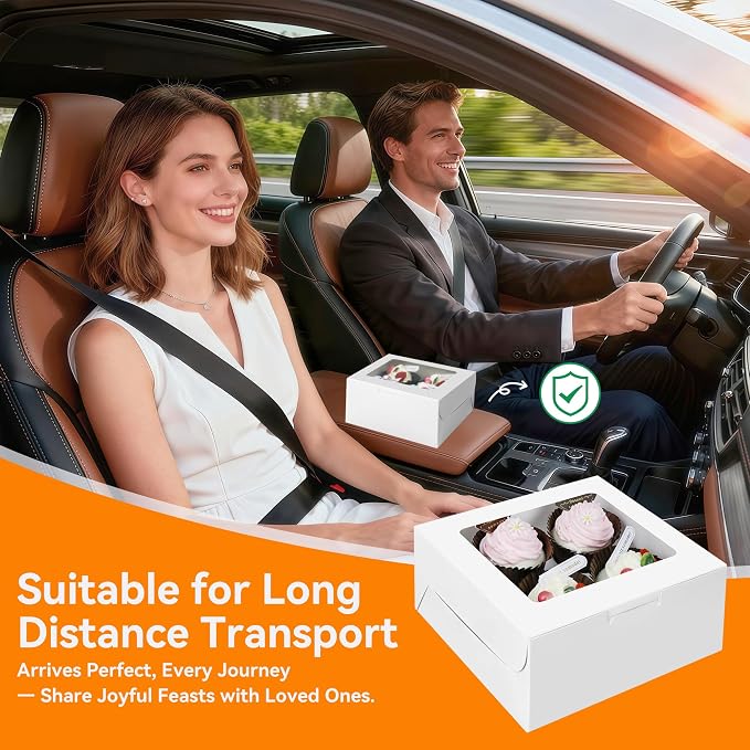 50-Set Cupcake Boxes Bulk with Clear Display Window Hold 4 Standard Cupcakes, Disposable Food Grade White Cupcake Carrier Cupcake Container, Perfect for Cupcakes Muffins Cookies Pastries