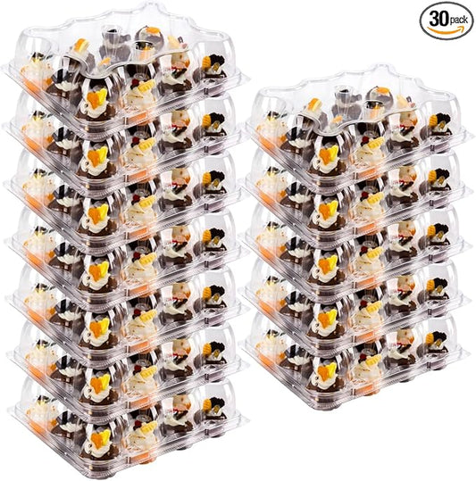 NPLUX 12 Count Mini Cupcake Containers 30 Pack Cupcake Holder with Detachable Tall Dome Lids Mini Plastic Stackable Cupcake Boxes for 360 Cupcakes, BPA Free