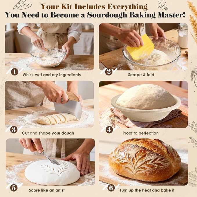 Sourdough Starter Kit with Aliquot Jar, Wood Pulp 9" Round & 10" Oval Bannetons & 34 oz Sourdough Starter Jar & Bread Sling Scrapers & Bag Complete Sourdough Baking Supplies