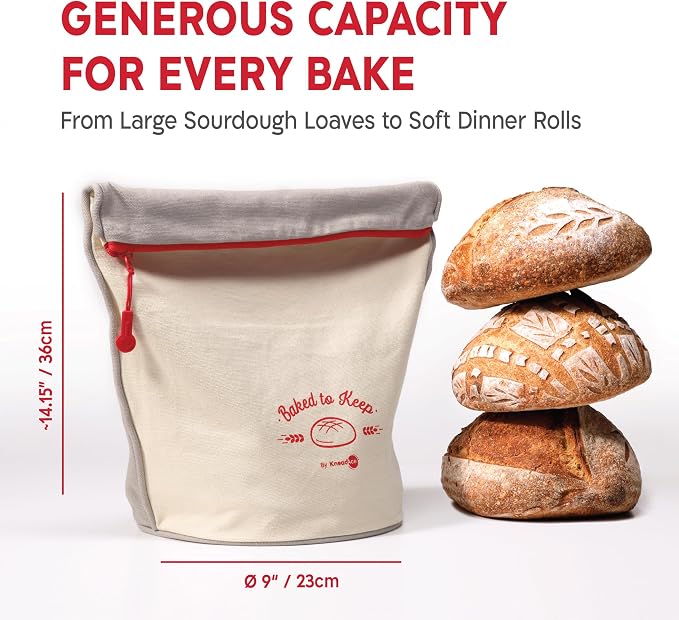 KNEADACE Reusable Bread Bags for Homemade Bread -Stylish Sourdough Bread Storage with Roll-Top Design, 100% Cotton & Food-Safe Lining, Freezer & Refrigerator Friendly, Gift for Bakers (Gray/Cream)