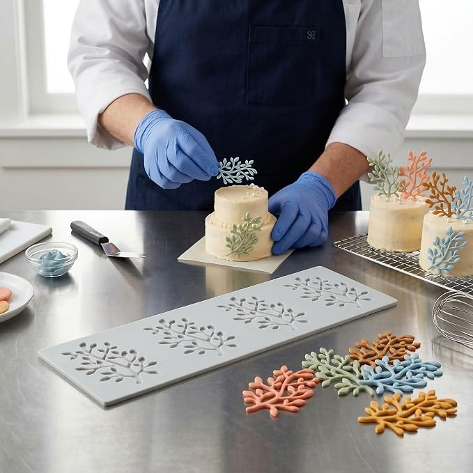 Restaurantware Silicone Baking Mat 1 Pack of Fondant Impression Mat Heat-Resistant Non-Stick Lace Mold Leaves Design Gray Mold for Pastry Decoration and Oven Use 11.57 x 3.82 Inches