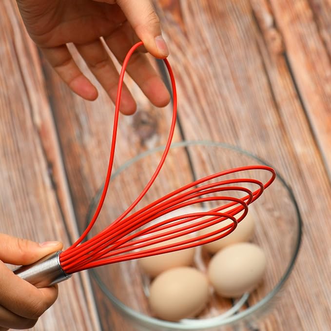 Flat Whisk Set,Stainless Steel 3 Pack 10''+11''+12'' Premium Sturdy-6 Silicone Heads Non Stick Wires Whisk for Blending Beating Stirring Kitchen Cooking Color Red by Jell-Cell